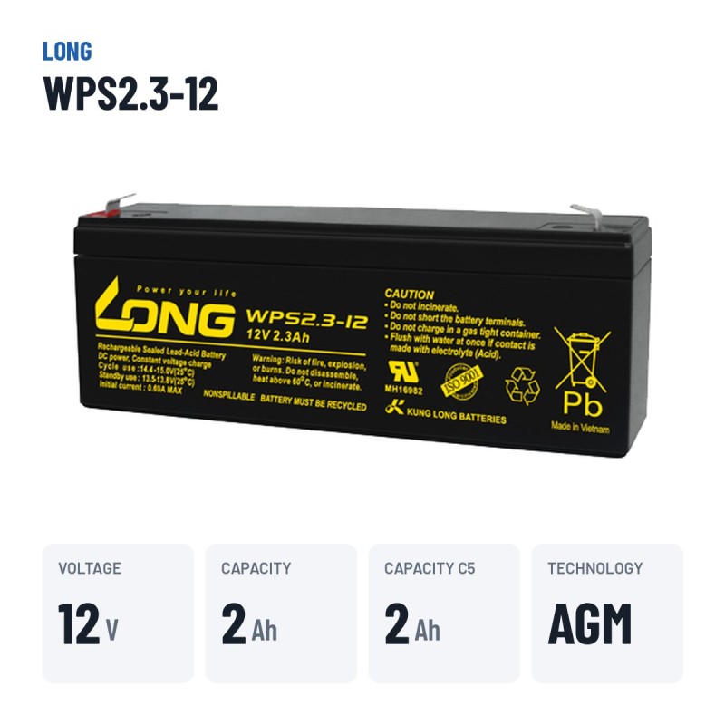 Stationary UPS battery Long WPS2.3-12 12V 2.3Ah AGM – key specs