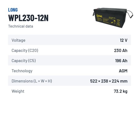 Batteria stazionaria UPS Long WPL230-12N 12V 230Ah AGM – scheda tecnica