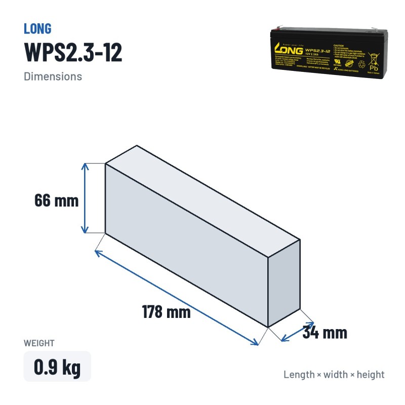 Stationary UPS battery Long WPS2.3-12 12V 2.3Ah AGM – dimensions 178 × 34 × 66 mm