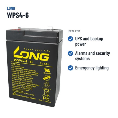 Bateria estacionária UPS Long WPS4-6 6V 4Ah AGM – utilizações recomendadas