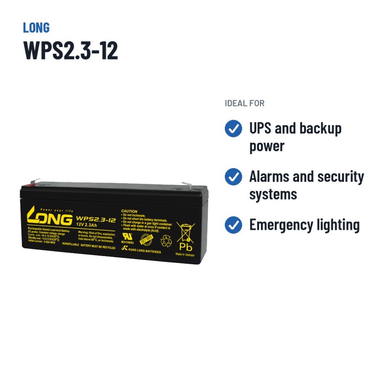 Batterie stationnaire onduleur Long WPS2.3-12 12V 2.3Ah AGM – utilisations recommandées