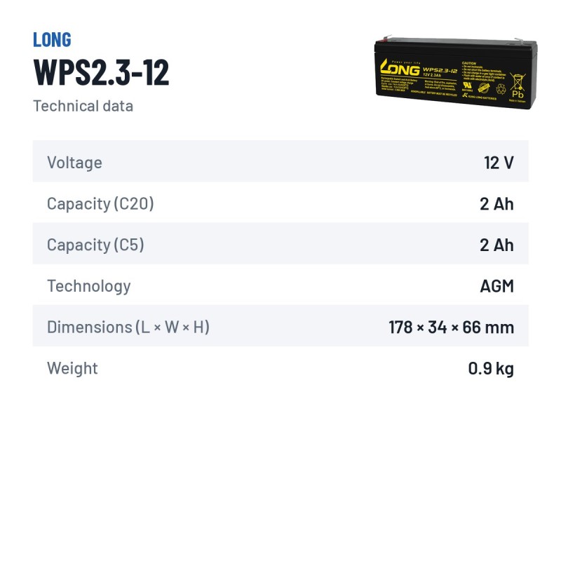 Batterie stationnaire onduleur Long WPS2.3-12 12V 2.3Ah AGM – fiche technique