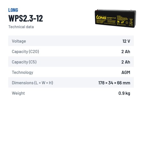 Batterie stationnaire onduleur Long WPS2.3-12 12V 2.3Ah AGM – fiche technique