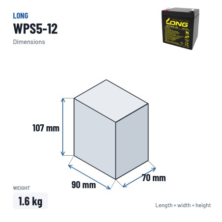 Batterie stationnaire onduleur Long WPS5-12 12V 5Ah AGM – dimensions 90 × 70 × 107 mm