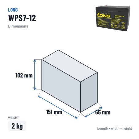Bateria estacionária UPS Long WPS7-12 12V 7Ah AGM – medidas 151 × 65 × 102 mm