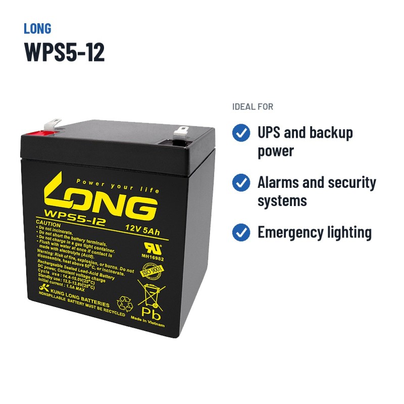 Batterie stationnaire onduleur Long WPS5-12 12V 5Ah AGM – utilisations recommandées