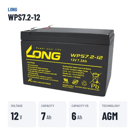 Batteria stazionaria UPS Long WPS7.2-12 12V 7.2Ah AGM – dati principali