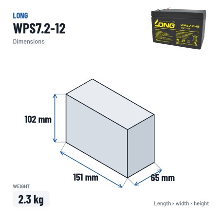 Batería estacionaria SAI/UPS Long WPS7.2-12 12V 7.2Ah AGM – medidas 151 × 65 × 102 mm