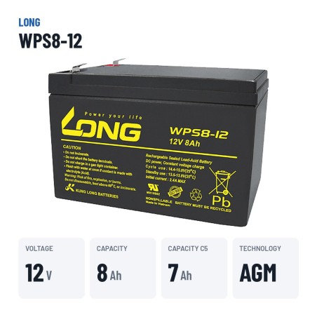 Batería estacionaria SAI/UPS Long WPS8-12 12V 8Ah AGM – datos clave