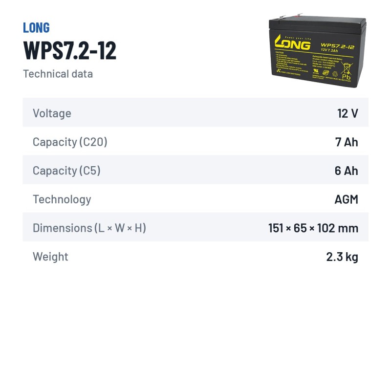 Stationary UPS battery Long WPS7.2-12 12V 7.2Ah AGM – technical data