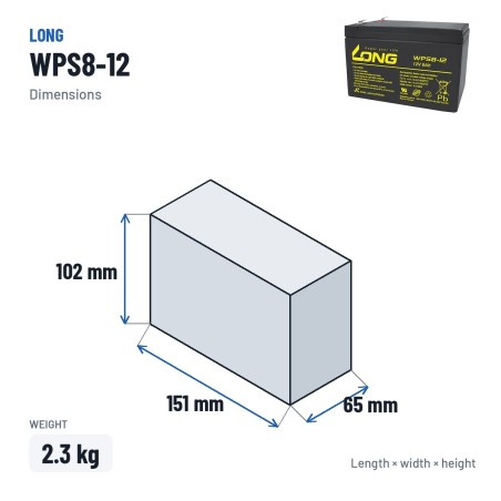 Stationärbatterie USV Long WPS8-12 12V 8Ah AGM – Abmessungen 151 × 65 × 102 mm