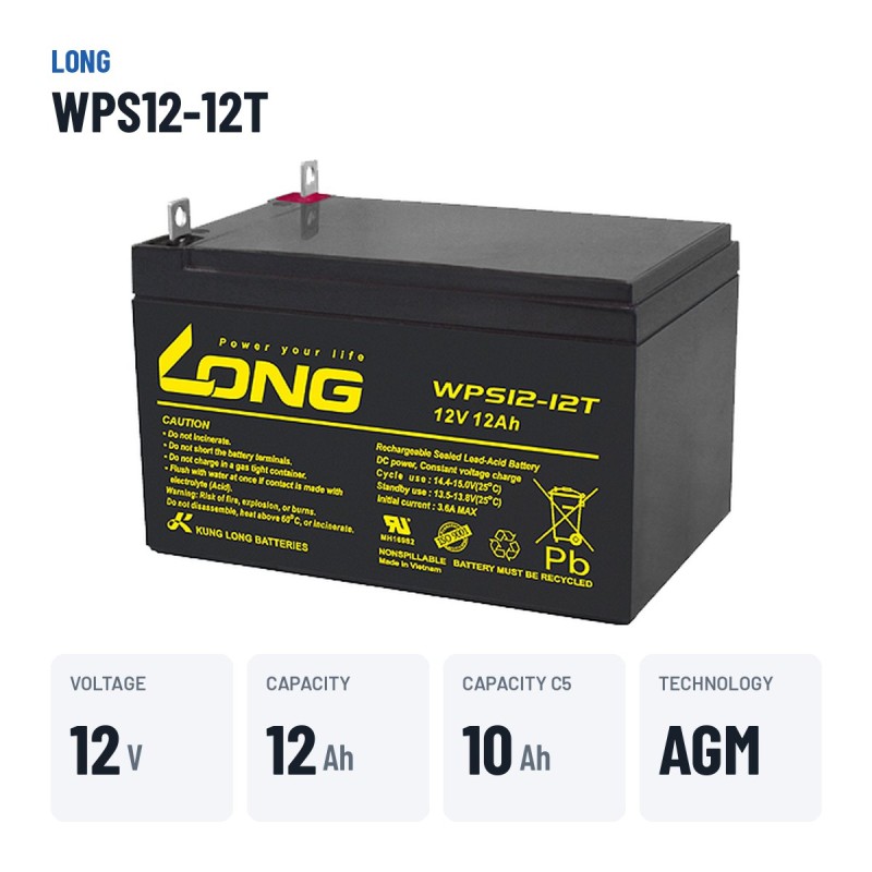 Stationary UPS battery Long WPS12-12T 12V 12Ah AGM – key specs
