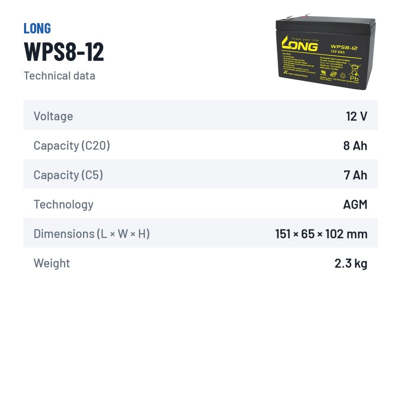 Batería estacionaria SAI/UPS Long WPS8-12 12V 8Ah AGM – ficha técnica