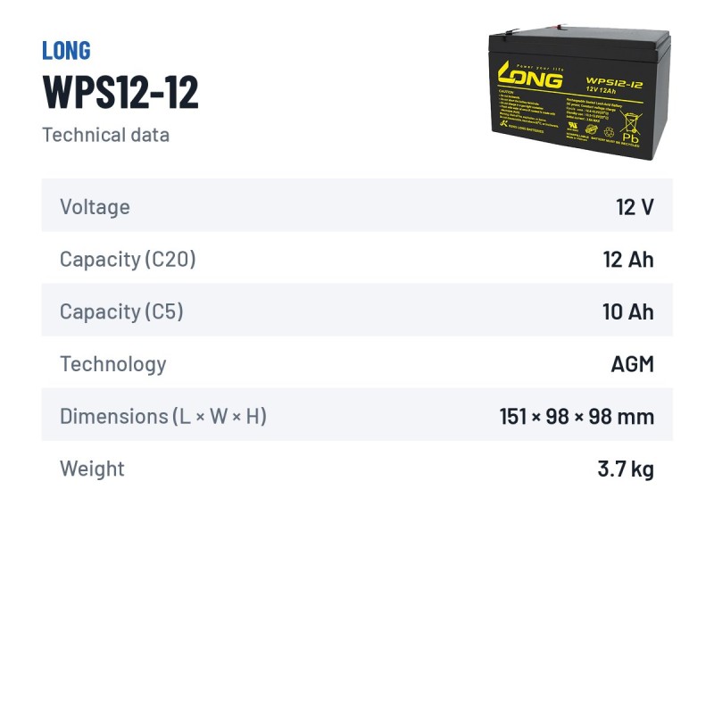 Stationary UPS battery Long WPS12-12 12V 12Ah AGM | baterias.com