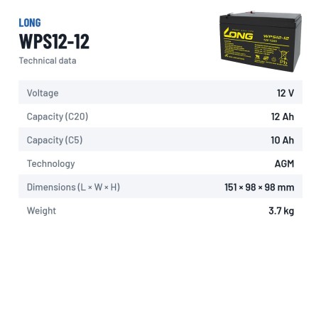 Stationary UPS battery Long WPS12-12 12V 12Ah AGM | baterias.com