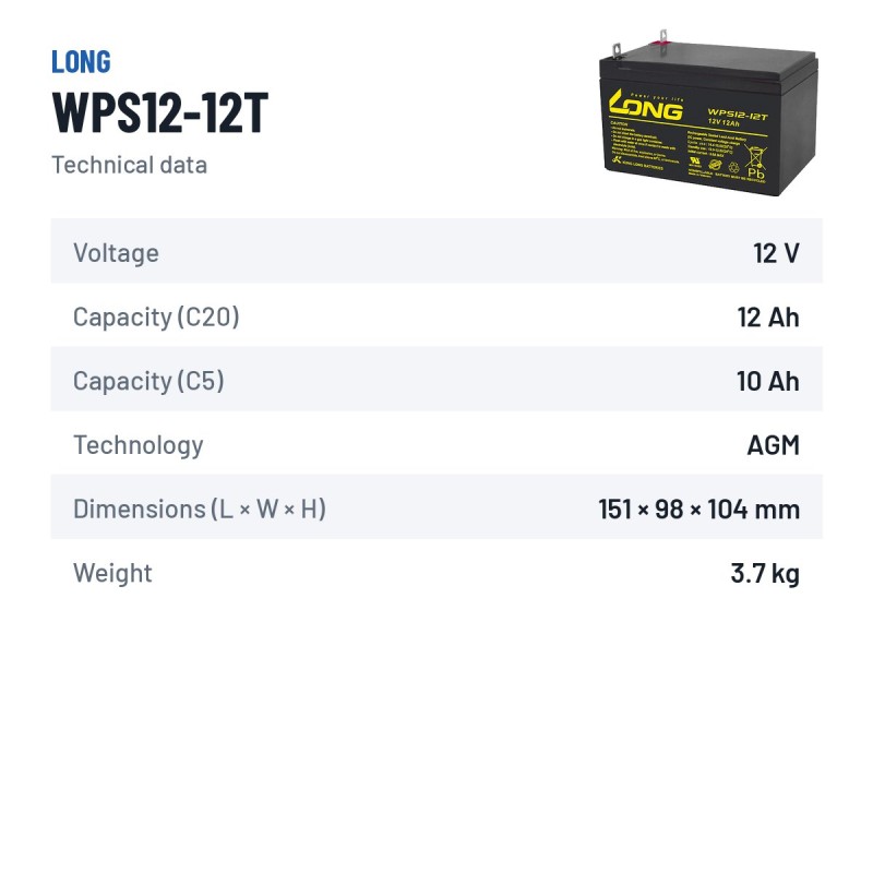 Stationary UPS battery Long WPS12-12T 12V 12Ah AGM – technical data