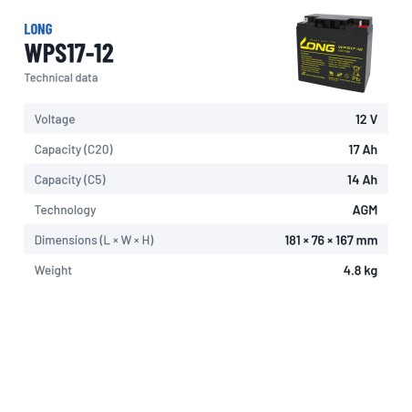 Stationärbatterie USV Long WPS17-12 12V 17Ah AGM – technische Daten