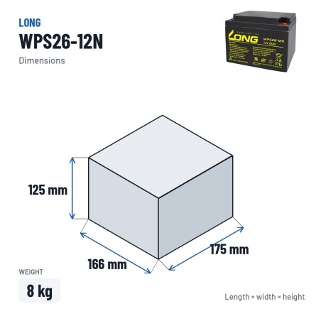 Bateria estacionária UPS Long WPS26-12N 12V 26Ah AGM – medidas 166 × 175 × 125 mm
