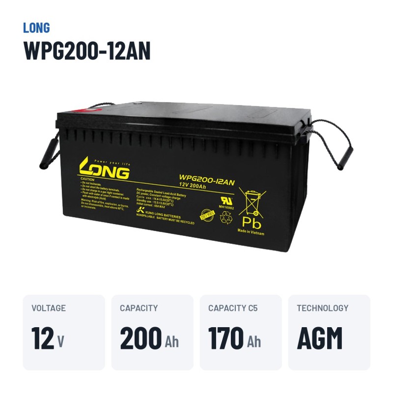 Solar battery Long WPG200-12AN 12V 200Ah AGM – key specs