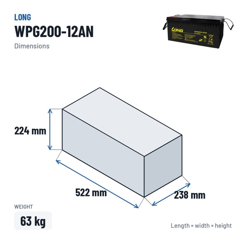 Solar battery Long WPG200-12AN 12V 200Ah AGM – dimensions 522 × 238 × 224 mm
