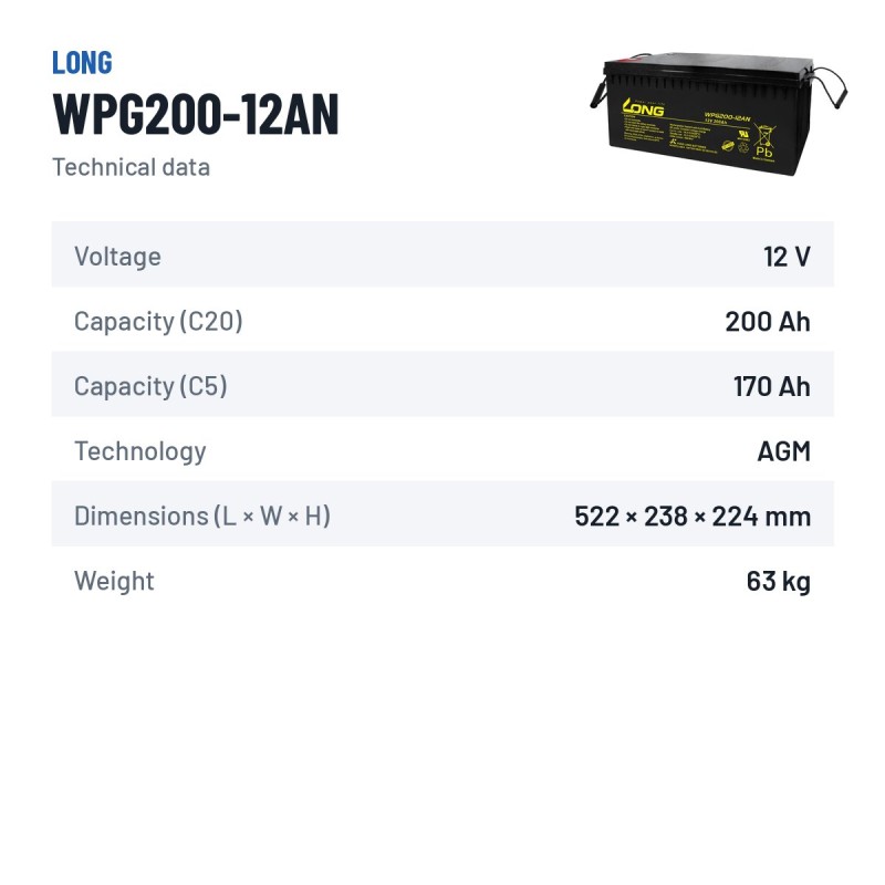 Solar battery Long WPG200-12AN 12V 200Ah AGM – technical data
