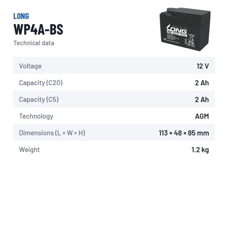 Stationärbatterie USV Long WP4A-BS 12V 2.3Ah AGM – technische Daten