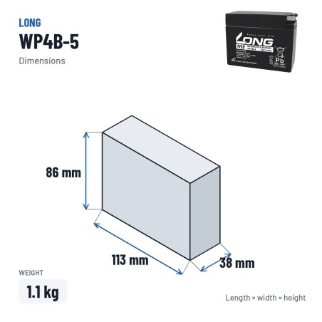 Batteria stazionaria UPS Long WP4B-5 12V 2.3Ah AGM – dimensioni 113 × 38 × 86 mm