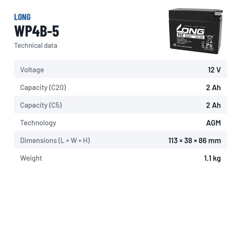 Batteria stazionaria UPS Long WP4B-5 12V 2.3Ah AGM – scheda tecnica