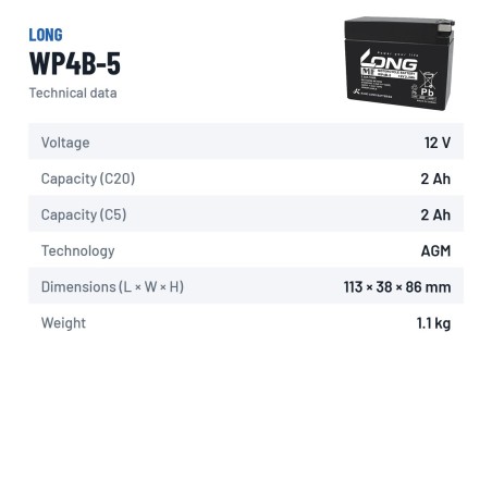 Batteria stazionaria UPS Long WP4B-5 12V 2.3Ah AGM – scheda tecnica