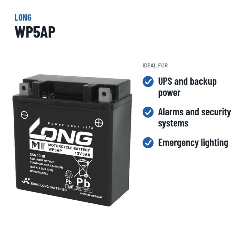 Batería estacionaria SAI/UPS Long WP5AP 12V 5Ah AGM – usos recomendados