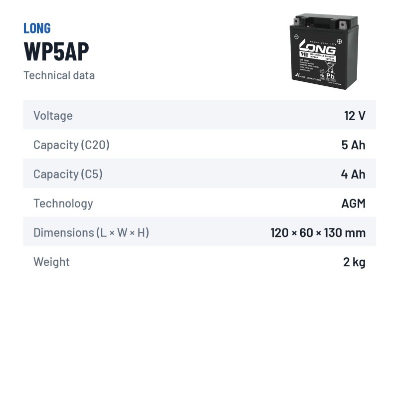 Batería estacionaria SAI/UPS Long WP5AP 12V 5Ah AGM – ficha técnica