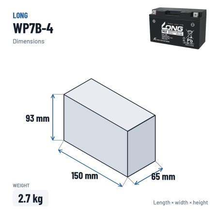 Batería estacionaria SAI/UPS Long WP7B-4 12V 6.5Ah AGM – medidas 150 × 65 × 93 mm
