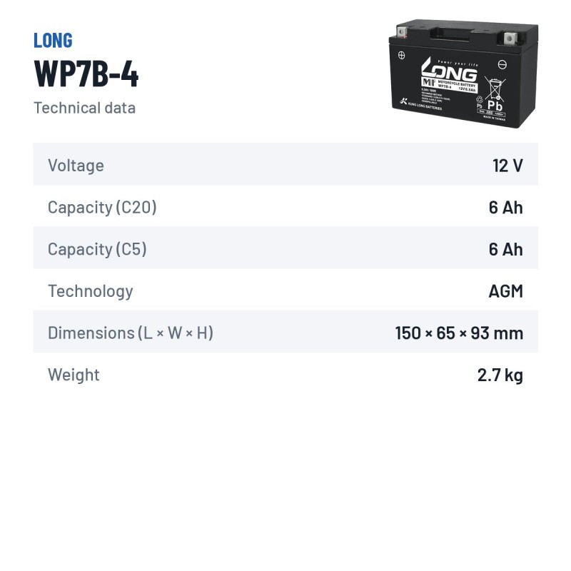 Batería estacionaria SAI/UPS Long WP7B-4 12V 6.5Ah AGM – ficha técnica