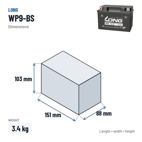 Batteria stazionaria UPS Long WP9-BS 12V 8Ah AGM – dimensioni 151 × 88 × 103 mm