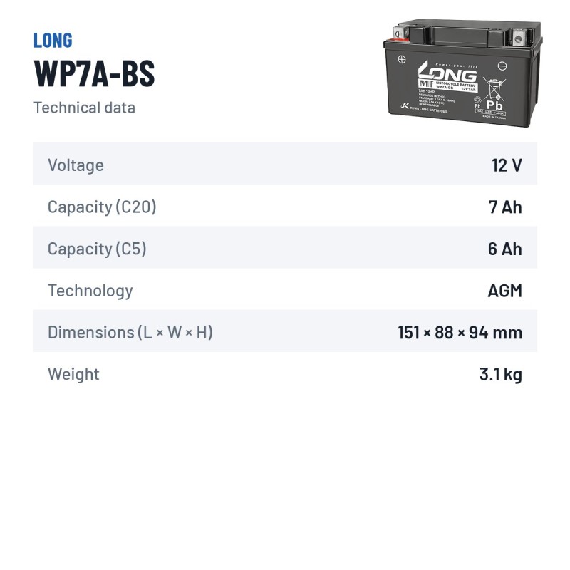 Stationärbatterie USV Long WP7A-BS 12V 7Ah AGM | baterias.com