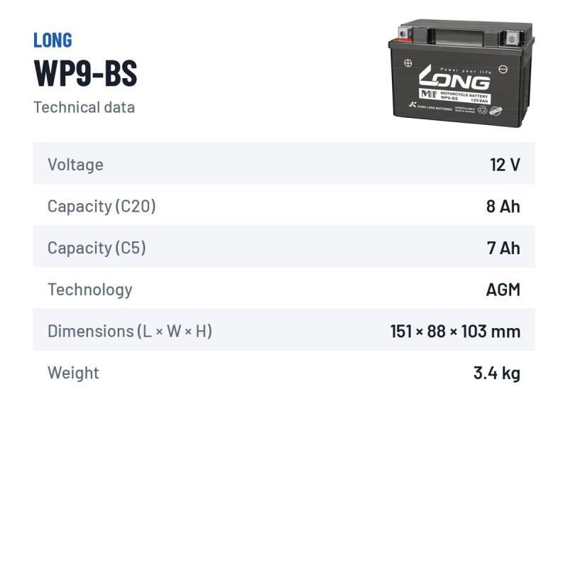 Batteria stazionaria UPS Long WP9-BS 12V 8Ah AGM – scheda tecnica