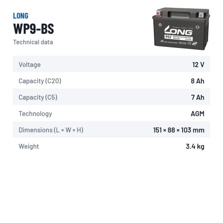 Batteria stazionaria UPS Long WP9-BS 12V 8Ah AGM – scheda tecnica
