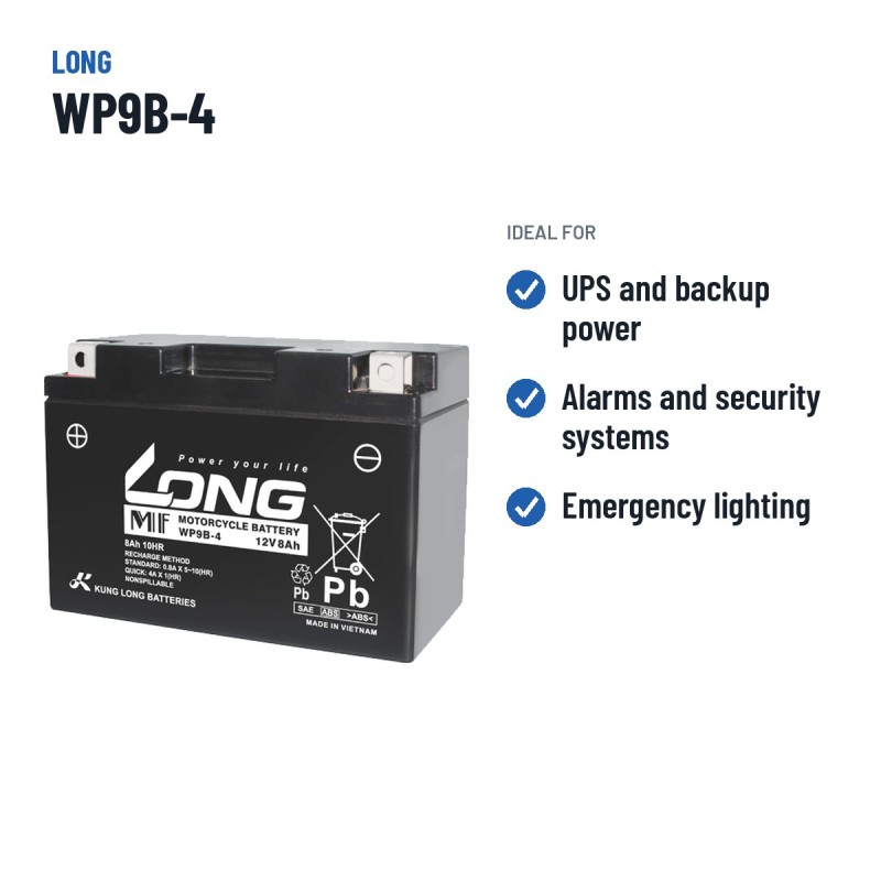 Bateria estacionária UPS Long WP9B-4 12V 8Ah AGM | baterias.com