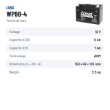 Batterie stationnaire onduleur Long WP9B-4 12V 8Ah AGM – fiche technique