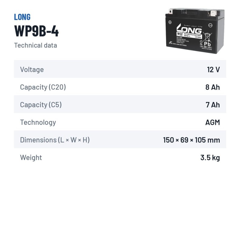 Batterie stationnaire onduleur Long WP9B-4 12V 8Ah AGM – fiche technique