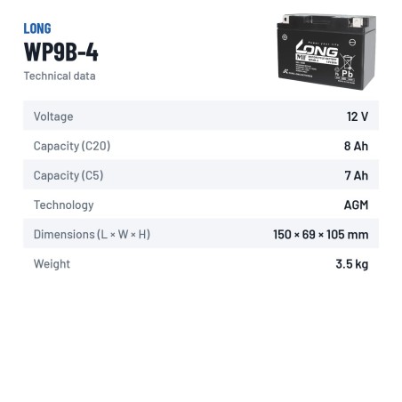 Stationary UPS battery Long WP9B-4 12V 8Ah AGM – technical data