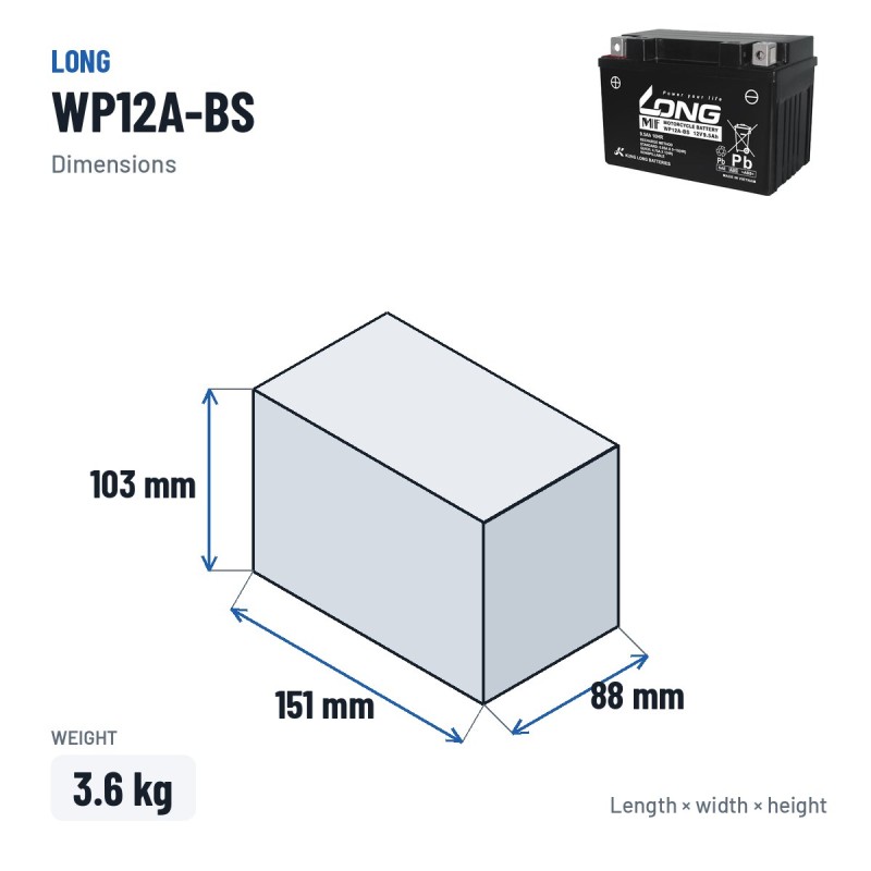 Bateria estacionária UPS Long WP12A-BS 12V 9.5Ah AGM – medidas 151 × 88 × 103 mm