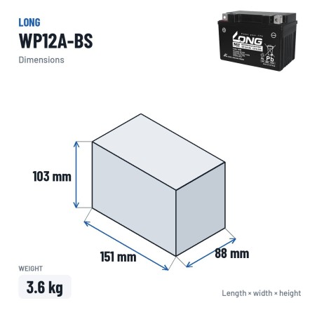 Bateria estacionária UPS Long WP12A-BS 12V 9.5Ah AGM – medidas 151 × 88 × 103 mm
