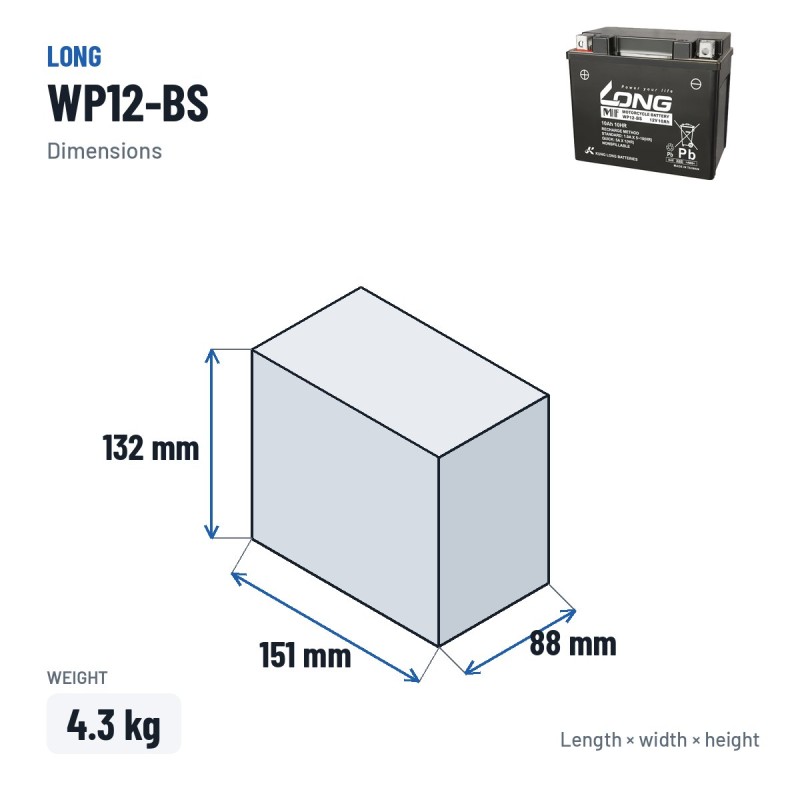 Stationärbatterie USV Long WP12-BS 12V 10Ah AGM – Abmessungen 151 × 88 × 132 mm