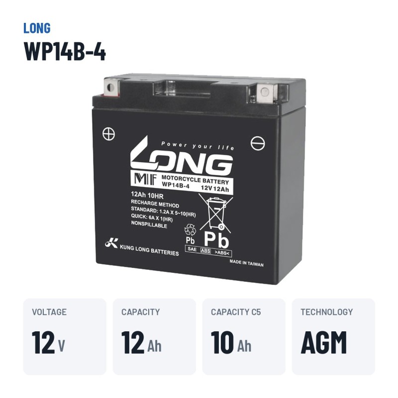 Batería estacionaria SAI/UPS Long WP14B-4 12V 12Ah AGM – datos clave