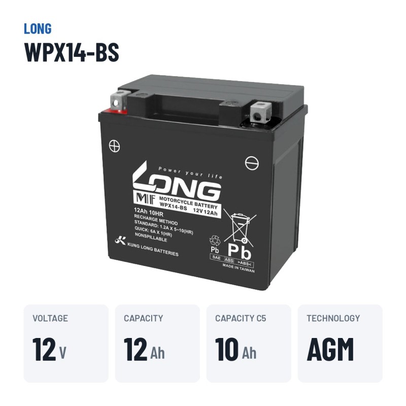 Car battery Long WPX14-BS 12V 12Ah AGM – key specs