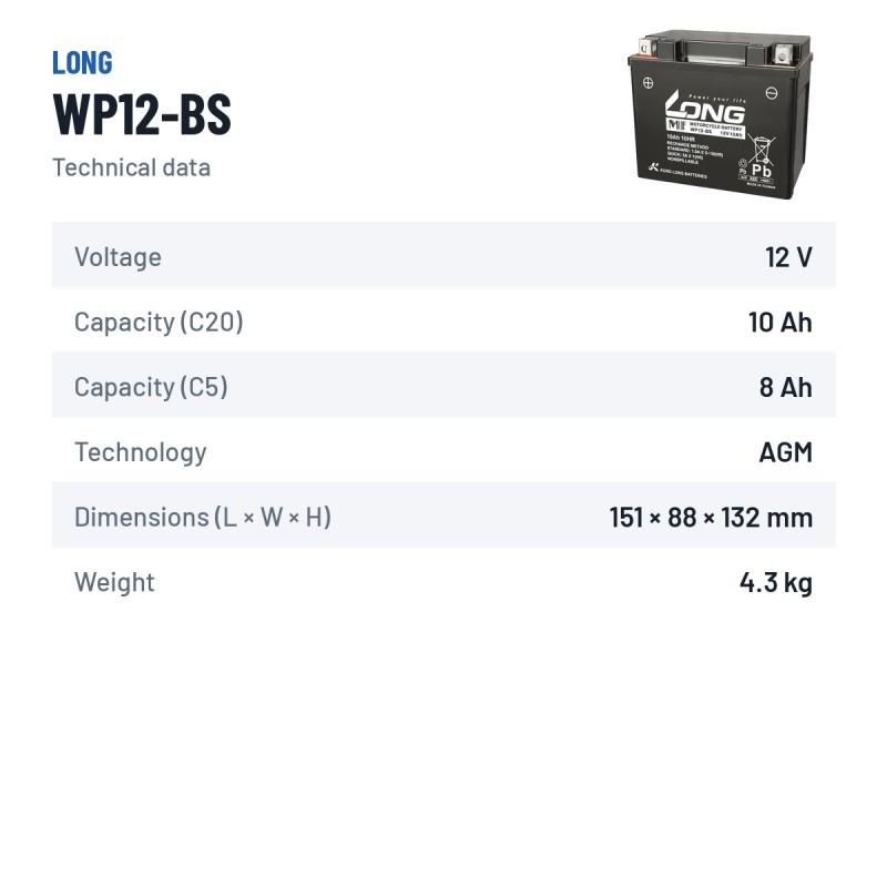 Stationary UPS battery Long WP12-BS 12V 10Ah AGM – technical data
