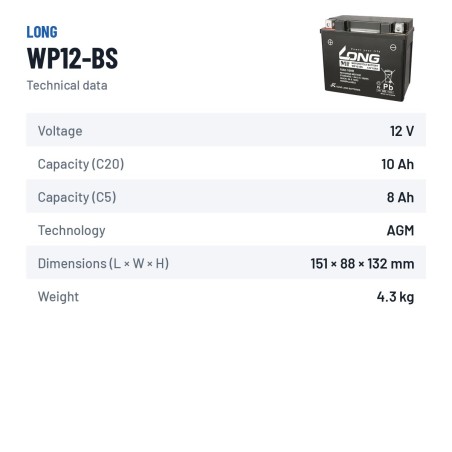 Bateria estacionária UPS Long WP12-BS 12V 10Ah AGM – ficha técnica