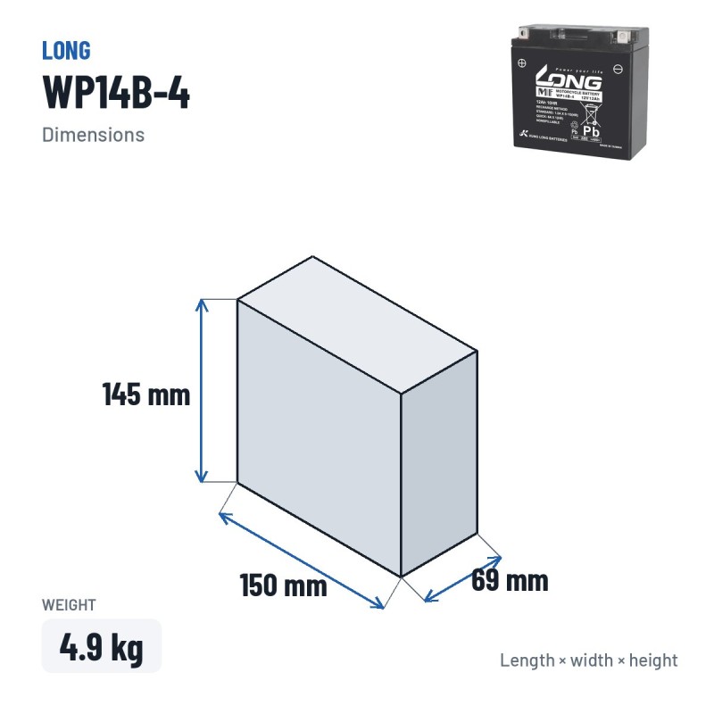 Batería estacionaria SAI/UPS Long WP14B-4 12V 12Ah AGM – medidas 150 × 69 × 145 mm