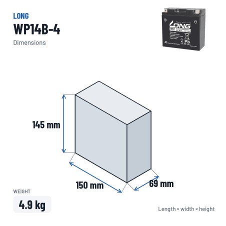 Batería estacionaria SAI/UPS Long WP14B-4 12V 12Ah AGM – medidas 150 × 69 × 145 mm